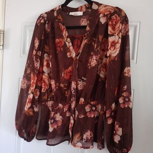 Melograno Rico Sheer Long Sleeve Chic Floral Lurex Blouse Sz SMALL